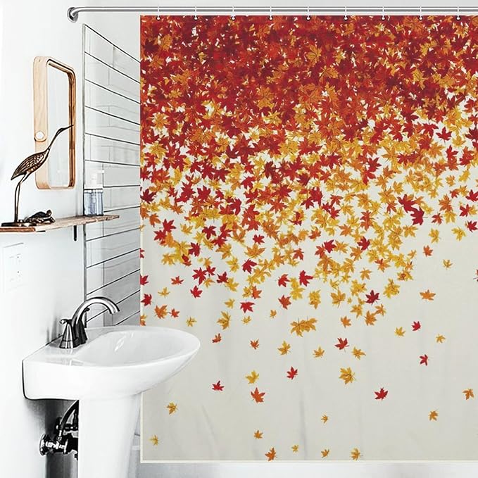 Fall Autumn Shower Curtain Maple Leaves Orange Red Leaf Harvest Waterproof Washable Fabric Bathroom Shower Curtains for Bathroom Decorations Home Indoor Decor 72x72Inch