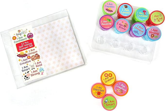 TINYMILLS 12 Pcs Positive Affirmation Stamp Kit for Kids - Positive Mindfulness Self Inking Stamps Gift Party Favors