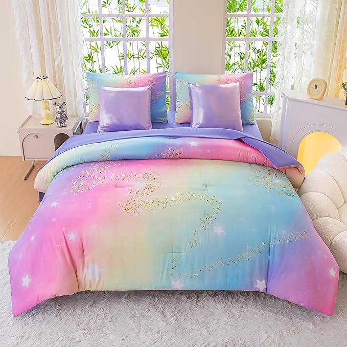 Rainbow Bedding Set Twin Size – 7 Piece Reversible Girls Comforter with Deep-Pocket Sheet, Gradient Galaxy Design, Whole-Piece Filling, Machine Washable Bed-in-a-Bag for Kids Room Makeover & Gifts