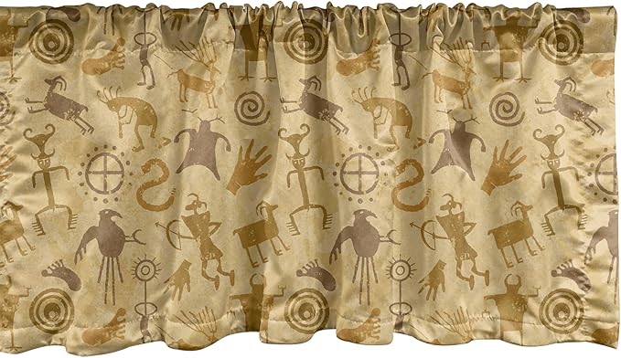Ambesonne Ethnic Boho Window Valance, Shepherds Cave Animals and Hunters Plentifulness Print Prehistoric, Curtain Valance for Kitchen Bedroom Decor with Rod Pocket, 42" x 12", Pale Coffee and Caramel