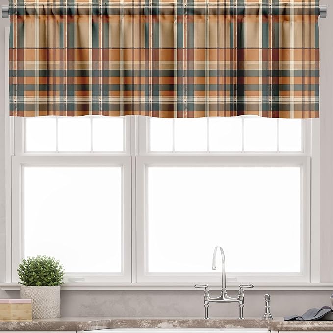 Ambesonne Botanical Valance & Tier Curtain 3 pcs Set, Rustic Plaid Tartan Squares and Meadow Blossoms Gentle Floral Bouquets, Window Treatments for Kitchen Room Decor, 55" x 36", Orange Tan Grey Teal