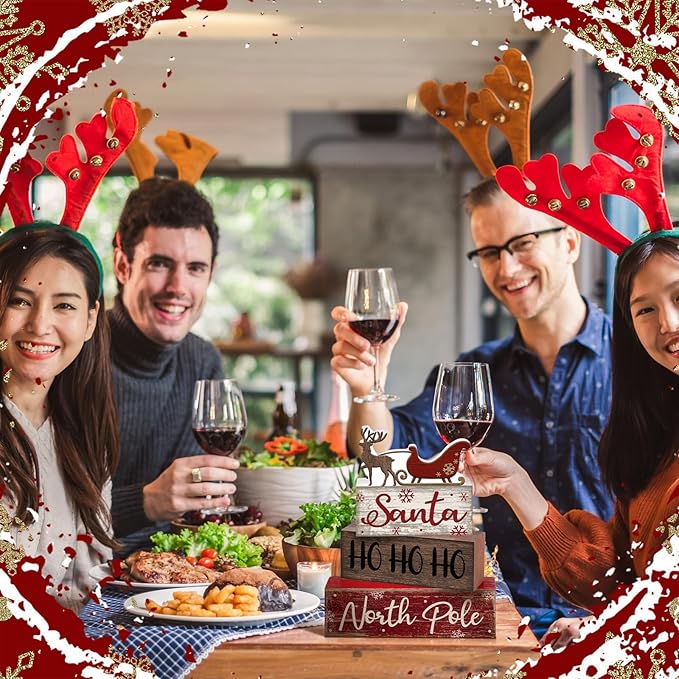 4 Pcs Reindeer Christmas Table Decor Wooden Reindeer Christmas Tiered Tray Decor Xmas Centerpiece Decorative Red Deer Pulled Sleigh Block Signs Gift Farmhouse Xmas Decoration for Home Kitchen
