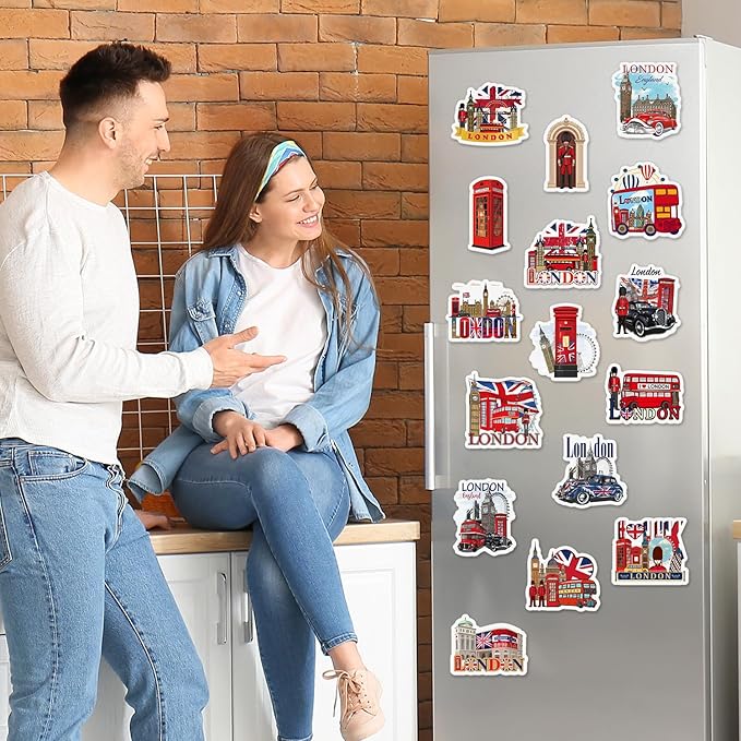 London Fridge Magnets Gifts - 16Pcs London Souvenirs Gift City Travel Magnetic Refrigerator United Kingdom Red Phone Box Fridge Magnetic Stickers for Home Kitchen Office Locker Traveler Tourist