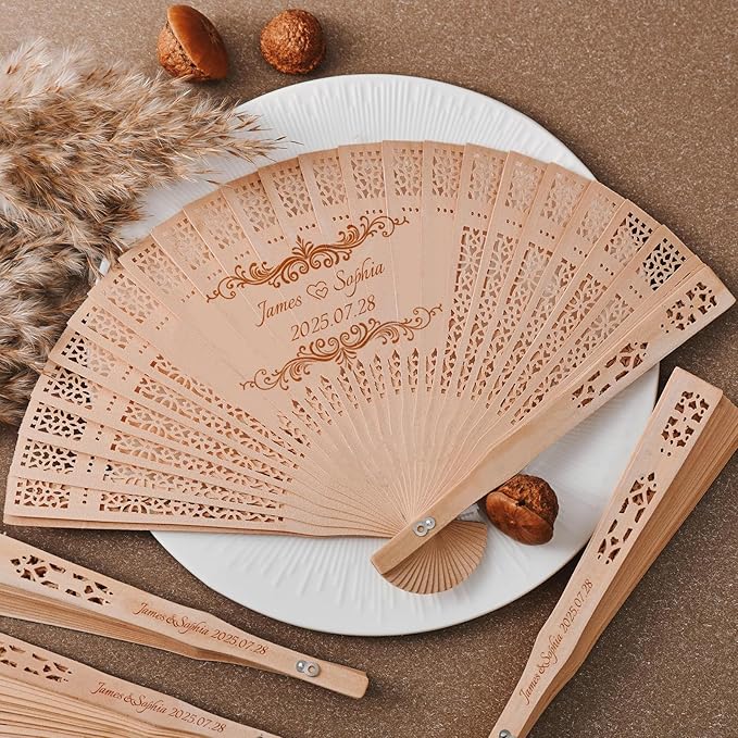 Personalized Wedding Fans for Guests Custom Wooden Folding Handheld Fans Bulk with Organza Bags Tassels for Wedding Graduation Party (200)