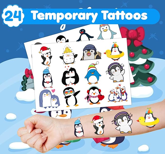 36PCS Penguin Party Favors - 24PCS Temporary Tattoos & 12PCS Stamps - Ideal Winter Animal Themed Birthday Card Decorations Supplies Goodie Bag Cute Rewards for Girls Boys Classroom Gifts Prizes