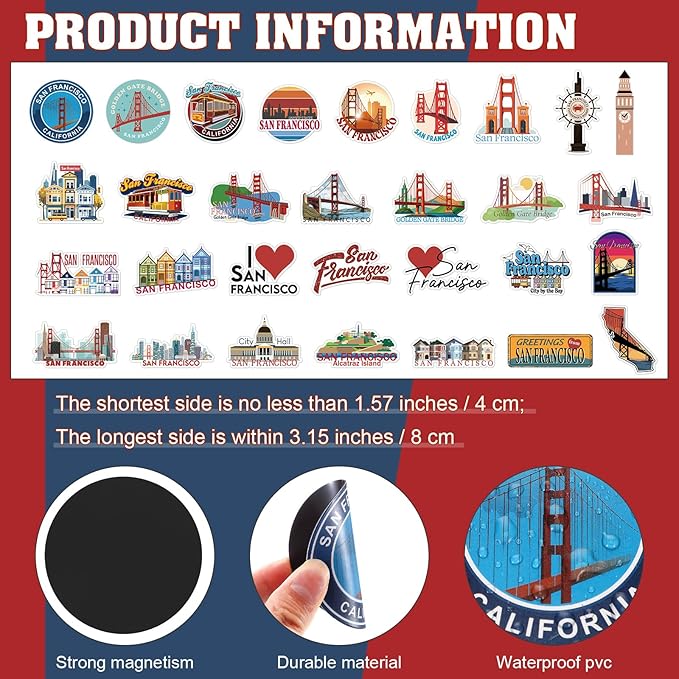 Konohan 30 Pcs San Francisco Souvenirs Gifts San Francisco Magnet for Refrigerator City Magnetic Refrigerator Stickers for Home Decoration