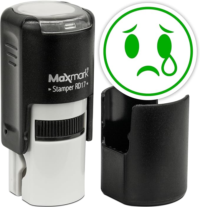 MaxMark Round Self Inking Emoji Stamp - Crying - Green Ink