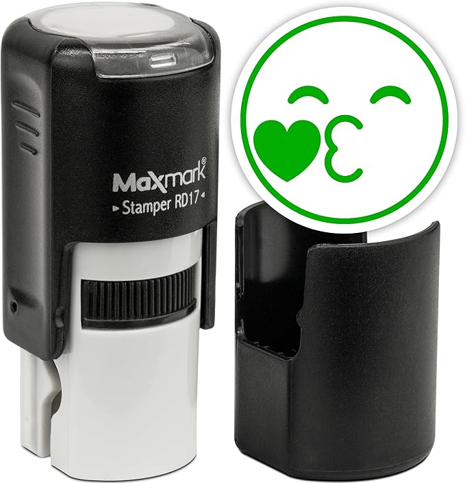MaxMark Round Self Inking Emoji Stamp - Kiss - Green Ink