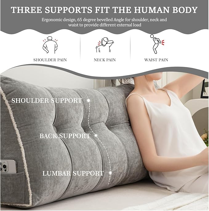 Headboard Pillow Twin, Chenille Triangular Wedge Pillow Headboard Twin Size, Reading Setting Backrest Daybed Pillows for Bed Sofa with Removable Coverr, Grey
