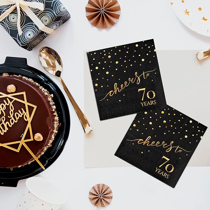 100 Pack of 70th Birthday Napkins, Cheers to 70 Cocktail 5x5 Inches Party Paper Napkins for Birthday Decorations Wedding Anniversary Black and Gold, 3-Ply