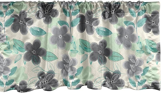 Ambesonne Floral Window Valance, Abstract Nostalgia Pattern with Retro Blooms and Leaves Romantic, Curtain Valance for Kitchen Bedroom Decor with Rod Pocket, 42" x 18", Charcoal Grey Mint Green