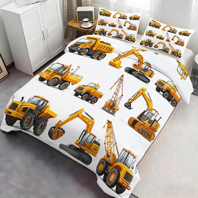 Construction Truck Bedding Set Full Size Construction Vehicles Duvet Cover Excavator Dump Truck Crane Comforter Cover Children Machinery Cars Bedding Set with Zipper Ties for Bedroom