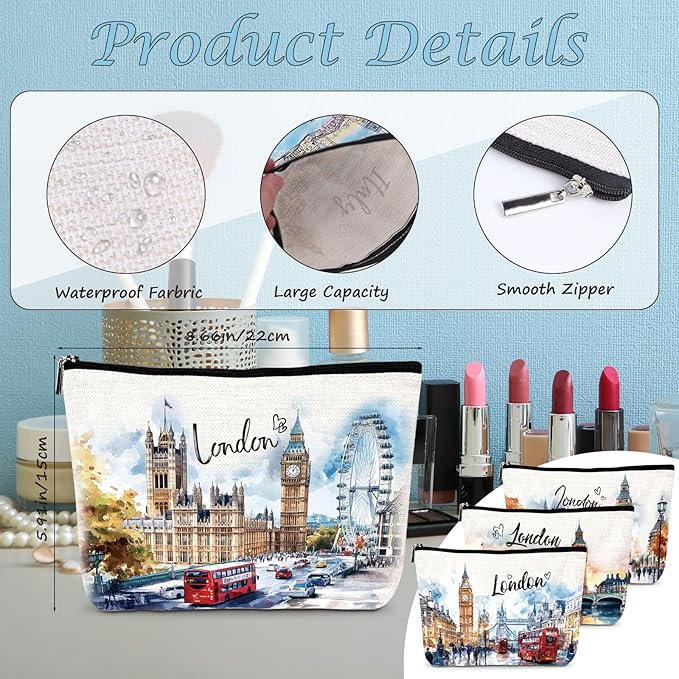 London Travel Souvenirs Gifts - 4Pcs British Travel Must Have Essentials, Watercolor London City Makeup Cosmetic Bags, British Toiletry Zipper Pouch Gifts for Travelers Women Girls Friends