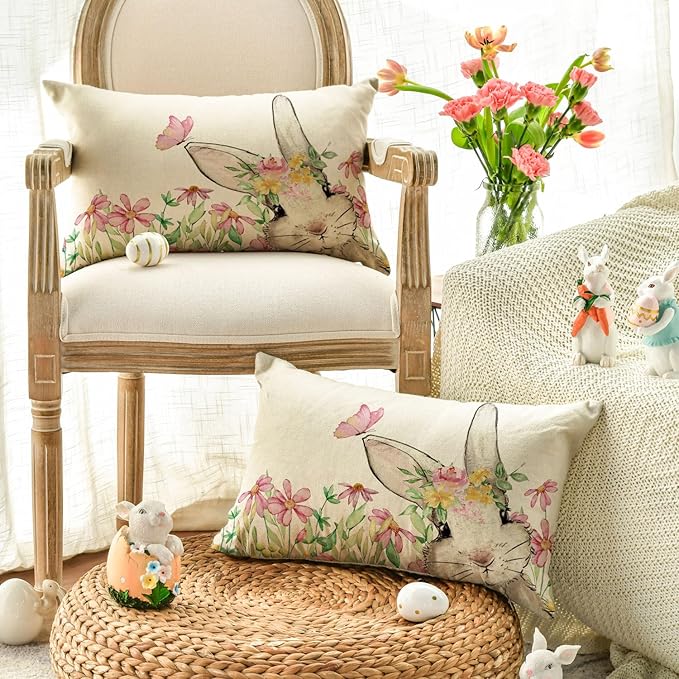 AVOIN colorlife Easter Floral Garland Bunny Throw Pillow Cover, 12 x 20 Inch Spring Rabbit Holiday Cushion Case Decoration for Sofa Couch Set of 2