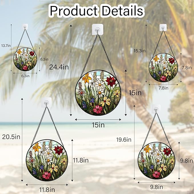 Stained Glass Window Hanging, Colorful Wildflowers Plant Scenery Suncatcher for Doors Window Home White Green Sun Catchers Decor Mother's Day Birthday Gifts for Women, Men Mom 9.8 in