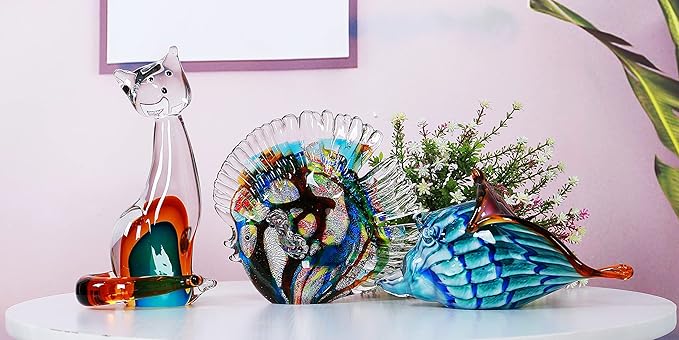 EUSTUMA Hand Blown Glass Tropical Fish Figurines Ornament,Sea Animal Sculpture for Fish Tank Aquarium,Sea Animals Collection for Birthday Gift,Glass Sculpture