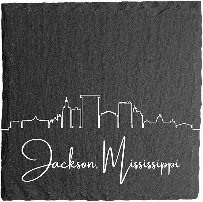 Blue Ridge Mountain Gifts - Jackson MI Skyline Coasters, Set of 4 - Jackson Mississippi Souvenir, Slate Coasters with Minimalist Skyline, Housewarming Gift for Friends, Family, & Neighbors