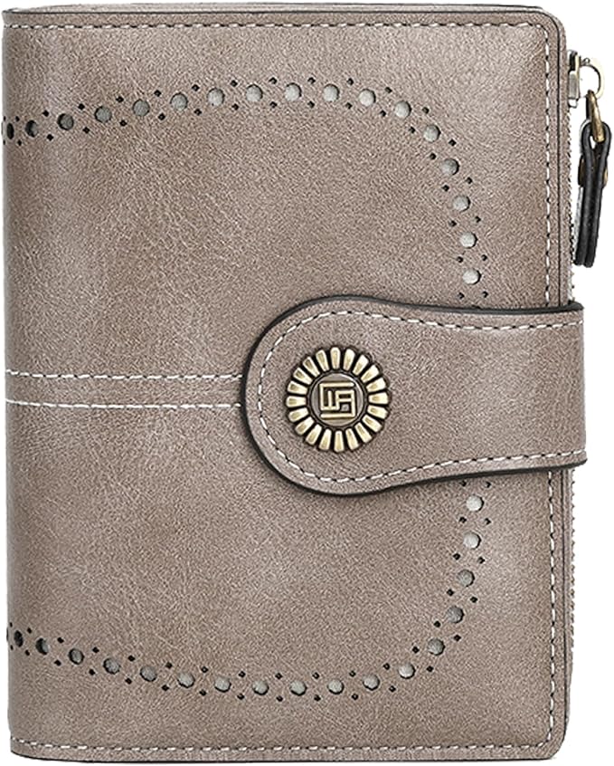 Women's Small Genuine Leather Bifold Wallet Large Capacity RFID Blocking with 16 Card Slots 2 ID Windows and Zipper Coin Pocket Pink (Grey)