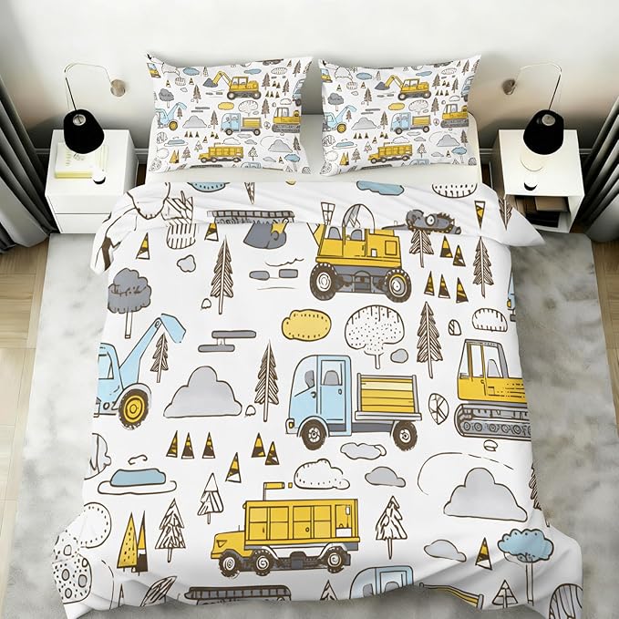 Cartoon Excavator Truck Duvet Cover Oversized King Construction Vehicles Bedding Set Forest Road Construction Comforter Set Hand-Drawn Kids Engineering Vehicle Quilt Cover With Zipper Ties for Bedroom