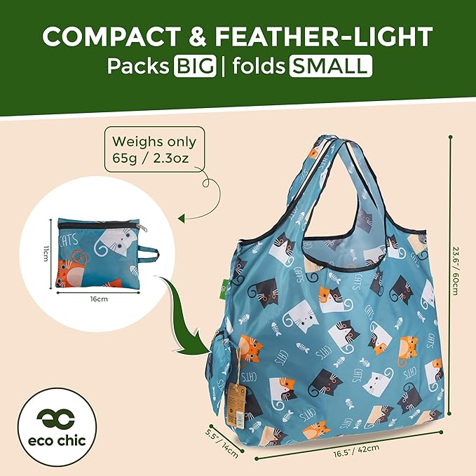 ECO CHIC Foldable Reusable Large Grocery Bags - Foldable Grocery Bags - Lightweight, Recycled & Reusable Shopping Bag - Waterproof, Packable Tote Fitting in Fine Grocery Bag Carrier
