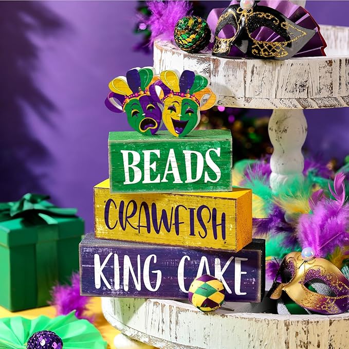 4 Pcs Mardi Gras Decorations Mardi Gras Faux Stacked Books Wooden Sign Book Stack for Kitchen Dining Table Tiered Tray Fireplace Mantel Home Decor