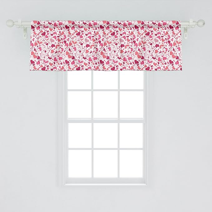Ambesonne Love Window Valance Pack of 2, Abstract Sentimental Composition with Big Little Hearts in Pink Colors Curly Soft, Rod Pocket Curtain Valances for Kitchen Bedroom, 42" X 18", Magenta