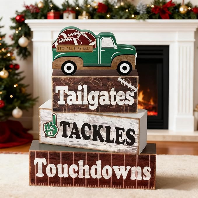 4 Pcs Football Decor, Rustic Football Wooden Signs for Room, Table, Shelf, Locker Room, Sports Centerpieces for Bedroom, Living Room, Coach & Senior Night Gifts