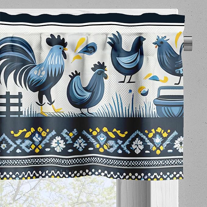 Ambesonne Farmhouse Valance & Tier Curtain 3 pcs Set, Ethnic Flower and Leafy Branch Ornaments with Barn Rooster Field Garden Print, Window Treatments for Kitchen Room Decor, 55" x 45", Blue Yellow