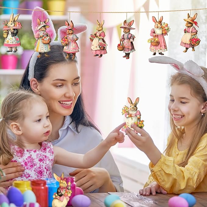 Yookeer 36 Pcs Easter Wooden Ornaments Vintage Bunny Egg Hanging Decorations Pink Rabbit Flower Wood Cutouts Farmhouse Spring Ornaments with Rope for Tree Home Party Decor
