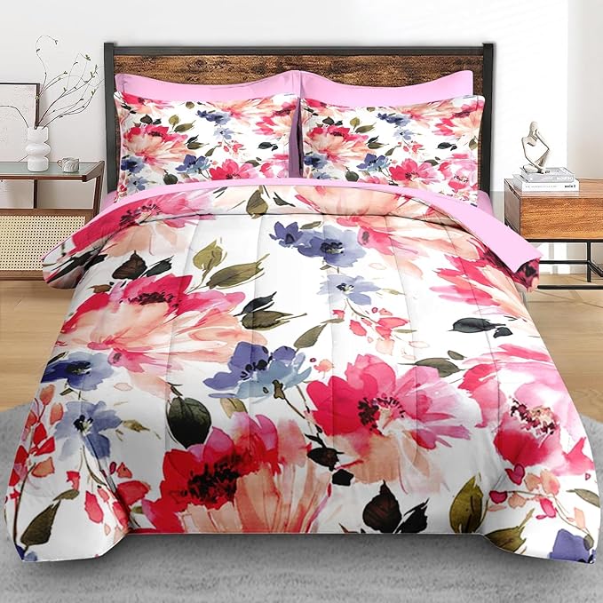 Comforter Set Queen Size, Flower Floral Leaf 7 Pcs Bedding for Kids and Adults, Painting Summer Spring Bed Sheet Sets with Fitted Sheet 2 Pillowcases & 2 Shams for Bedroom Bed Decor