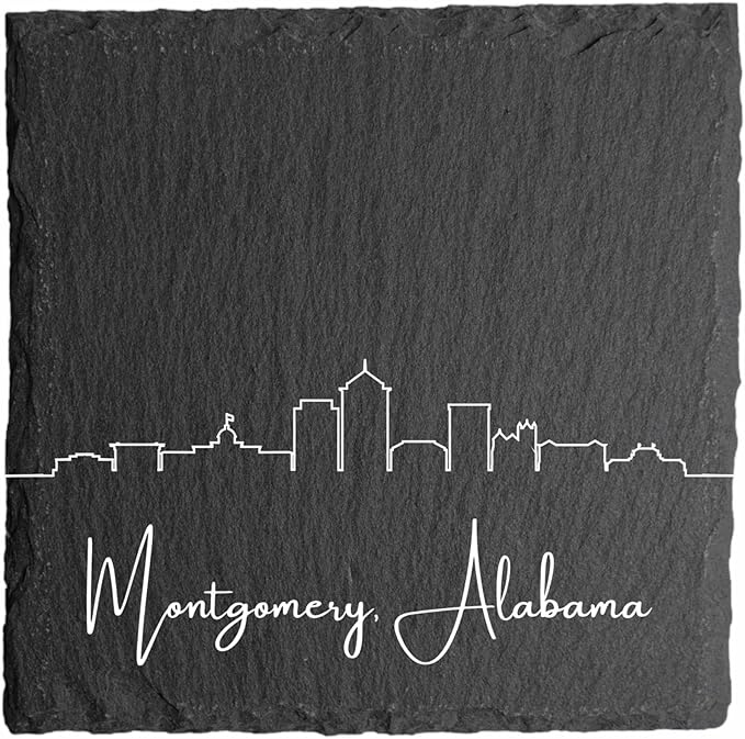 Blue Ridge Mountain Gifts - Montgomery AL Skyline Coasters, Set of 4 - Montgomery Alabama Souvenir, Slate Coasters with Minimalist Skyline, Housewarming Gift for Friends, Family, & Neighbors