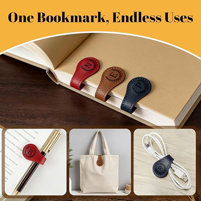 3PCS Personalized Magnetic Leather Bookmark, 26 Letters Custom Bookmarks, Customized Engraved Name Initial Book Mark for Book Lovers Readers Teachers Women Men, H