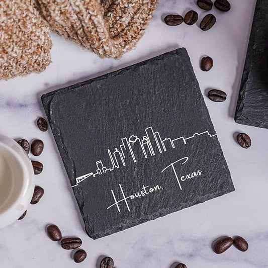 Blue Ridge Mountain Gifts - Houston TX Skyline Coasters, Set of 4 - Houston Texas Souvenir, Slate Coasters with Minimalist Skyline, Housewarming Gift for Friends, Family, & Neighbors