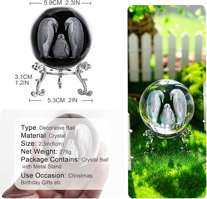 ZEERSHEE 60mm Crystal Penguins Decorative Balls 3D Laser Engraved The Penguin Family Paperweight with Stand