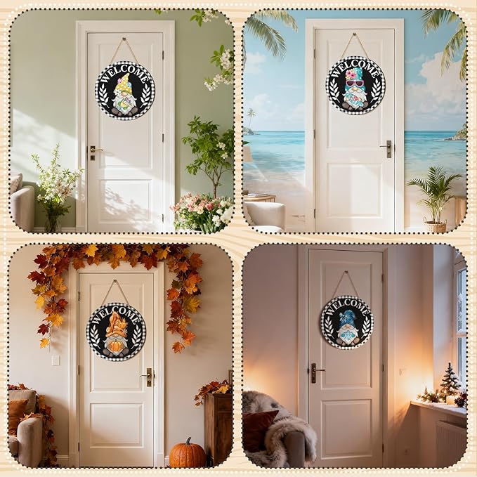 Qunclay Interchangeable Wooden Gnome Decor Holiday Seasonal Gnome Decorations with Magnet Pieces and Detachable Hats Changeable Welcome Sign for Home (Black Watercolor)