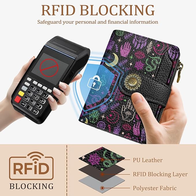 Goth Gothic Small Wallet Women RFID Blocking Bifold, Credit Card Holder, Zipper Coin Pocket, PU Leather, Magic Witchy, Compact, Travel, 4 ID Window, 14 Card Slots, Cash Purse, Ladies Woman