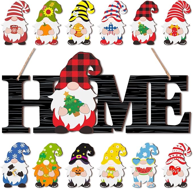 Yookeer 13 Pcs Interchangeable Gnome Home Sign Wood 3D Christmas Winter Seasonal Door Decor Rustic Farmhouse Home Decoration for Holiday Wall Decor Gift(Black and White Stripes)