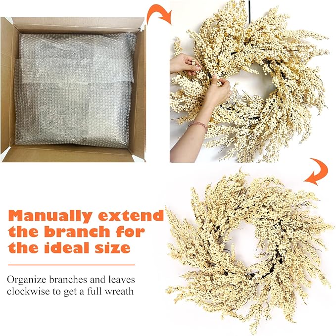 Huashen Fall Wreath, Artificial 24 inch White Berry Wreaths for Front Door Milk White Berry Wreath Christmas Wreaths for Farmhouse Festival Outdoor Party Holiday Home Decor
