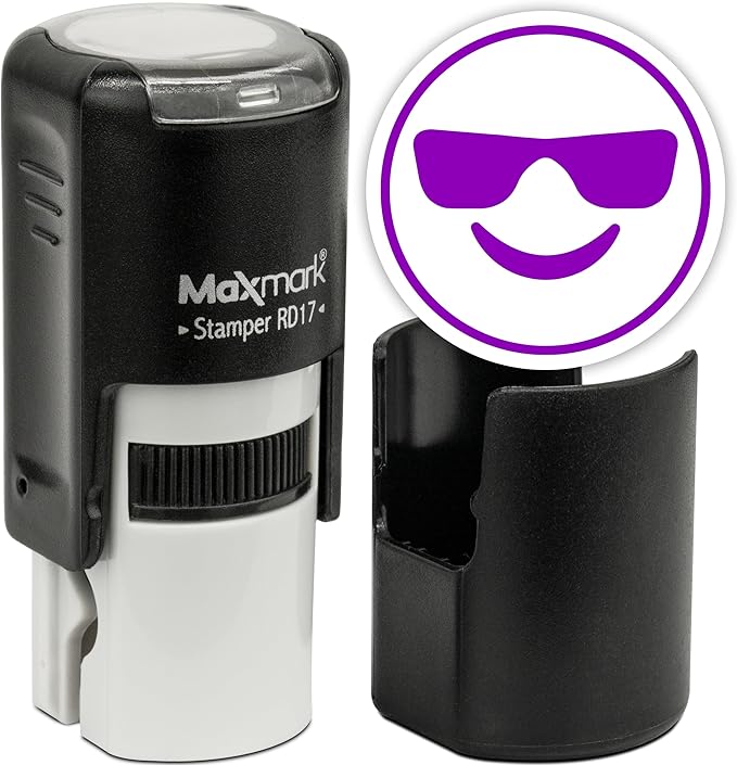 MaxMark Round Self Inking Emoji Stamp - Sunglasses - Purple Ink