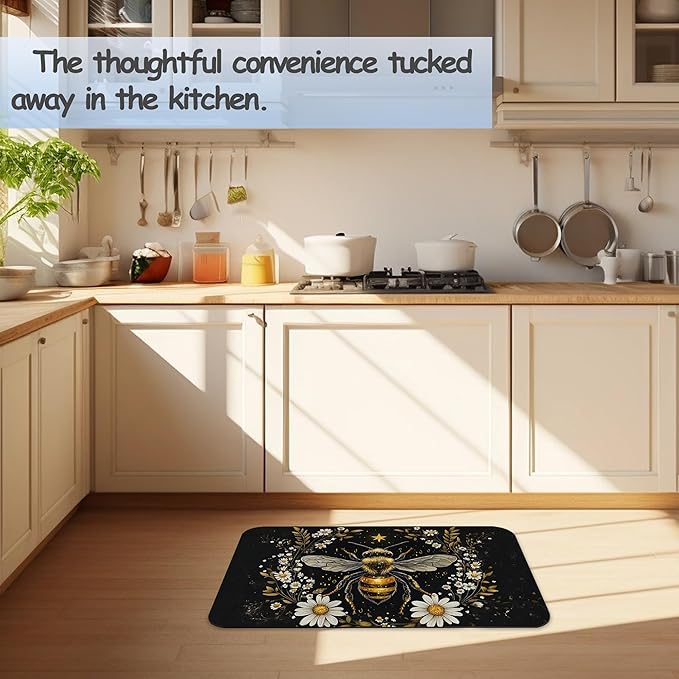 Vintage Bee Flowers Bathroom Rug 29.5"x17", Super Absorbent Fast Drying Bath Mat with Non-Slip Rubber Backing, Thin Low-Profile Easy-Clean Bathroom Floor Mat for Shower or Tub
