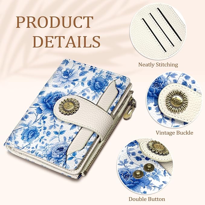 Floral Flowers Small Wallet Women RFID Blocking Bifold, Credit Card Holder, Zipper Coin Pocket, PU Leather, Compact, Travel, 4 ID Window, 14 Card Slots, Cash Purse, Ladies Woman Female Girls