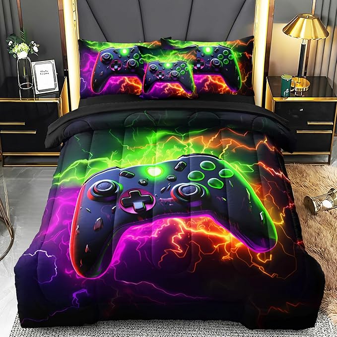 6 Pcs Full Size Bedding Set, Gaming Comforter Sets for Boys & Teens, Full Gamer Bedding Sets
