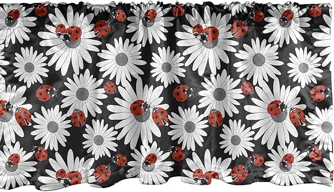 Ambesonne Ladybug Window Valance, Insects Chamomile Bouquets Spring Inspired Flourishing Revival Theme, Curtain Valance for Kitchen Bedroom Decor with Rod Pocket, 42" x 12", Dark Coral Black Grey