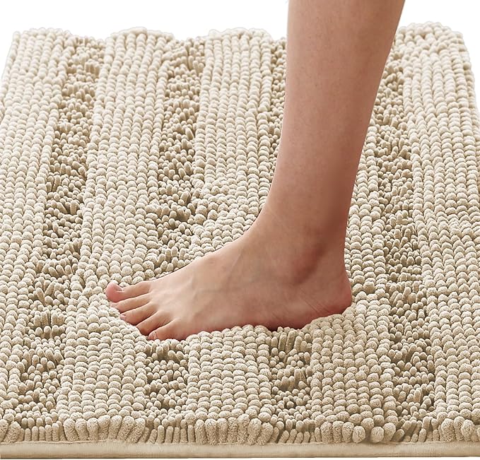 H.VERSAILTEX Bath Mats for Bathroom Non Slip Thick Chenille Striped Bath Rug Absorbent Fluffy Soft Shaggy Rugs Washable Dry Fast Plush Mats for Indoor, Bath Room, Tub - 20" x 32", Fog