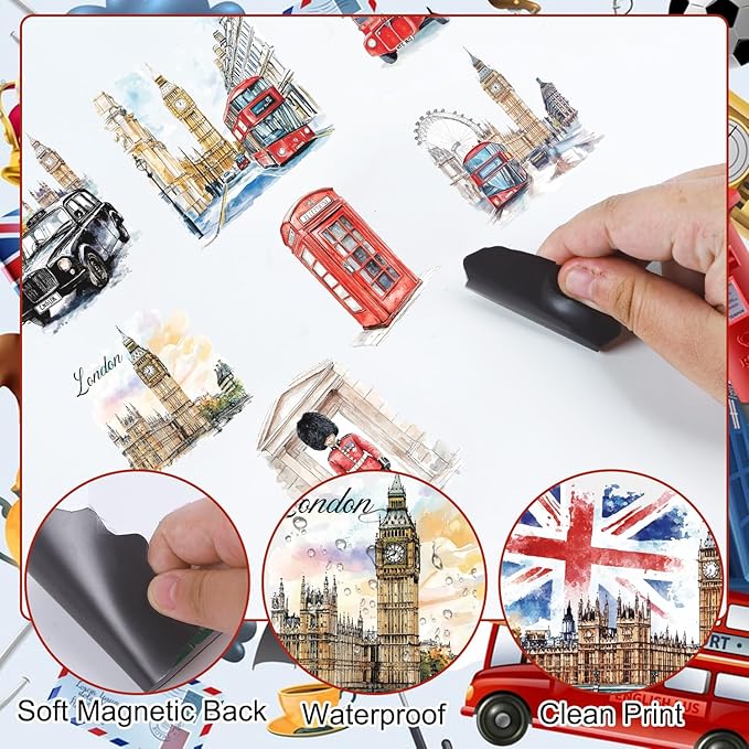 London Fridge Magnets Set - 12Pcs London Travel Souvenirs United Kingdom Refrigerator Magnet Tower Bridge British Deck Bus Fridge Magnetic Stickers for Home Office Kitchen Traveler Tourist Gift