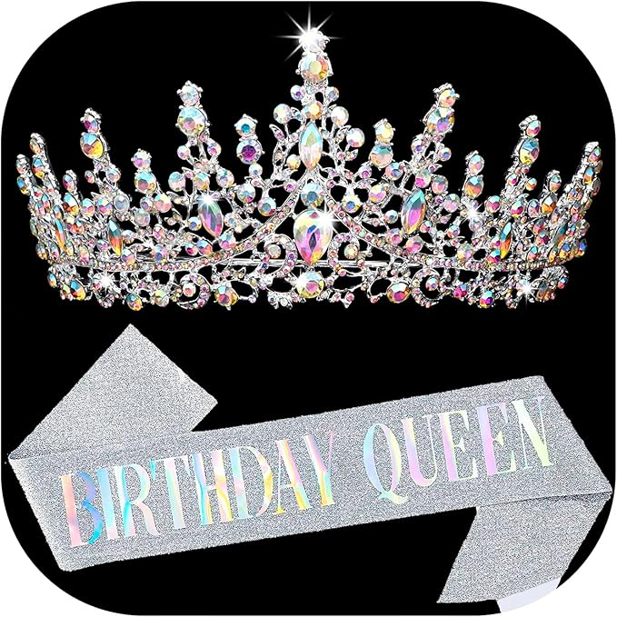 COCIDE Birthday Queen Sash for Women, Tiara and Rhinestone Headband Set, Glitter Crown Hair Accessories for Girls Party Supplies and Decorations