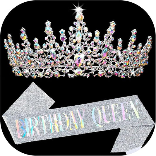 COCIDE Birthday Queen Sash for Women, Tiara and Rhinestone Headband Set, Glitter Crown Hair Accessories for Girls Party Supplies and Decorations