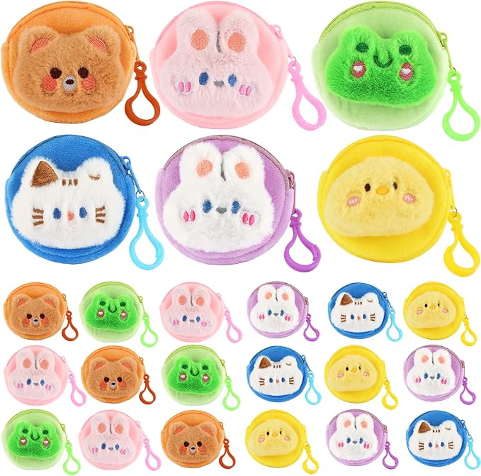 24 Pcs Cute Coin Purse for Women, Kawaii Plush Coin Pouch, Mini Wallet with Zipper Keychain, Small Change Purse for Women on Back to School Halloween Christmas Exchange Gifts