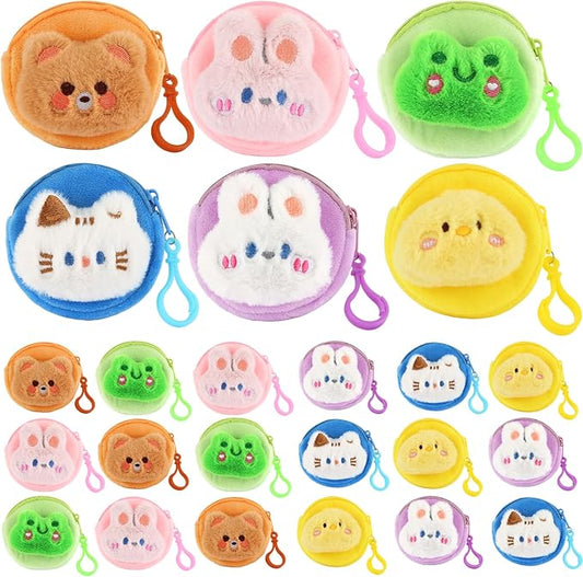 24 Pcs Cute Coin Purse for Women, Kawaii Plush Coin Pouch, Mini Wallet with Zipper Keychain, Small Change Purse for Women on Back to School Halloween Christmas Exchange Gifts
