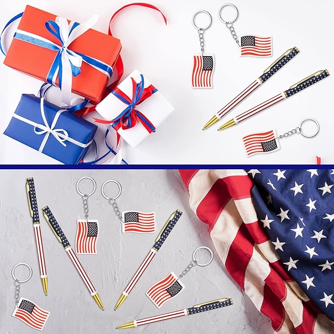 48 Pcs Independence Day Metal Ballpoint Pens American Flag Keychain Set Gold Retractable Pens USA Key Chains Office Patriotic 4th of July Party Favors for Veterans Day(Flag)
